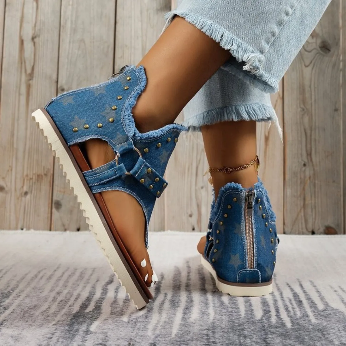 August Studded Raw Hem Flat Sandals