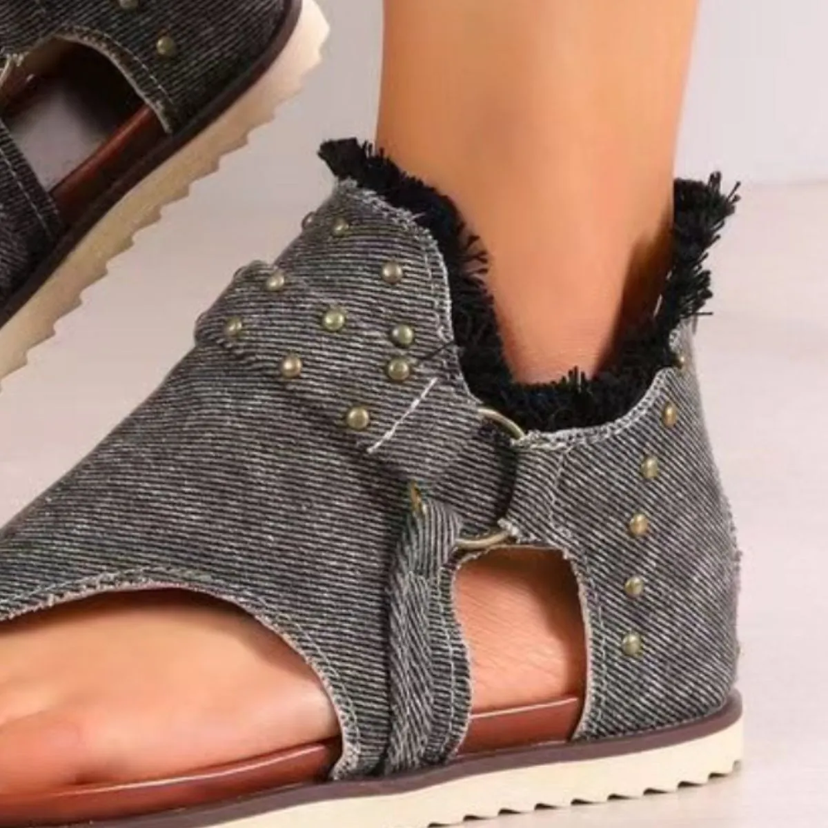 August Studded Raw Hem Flat Sandals