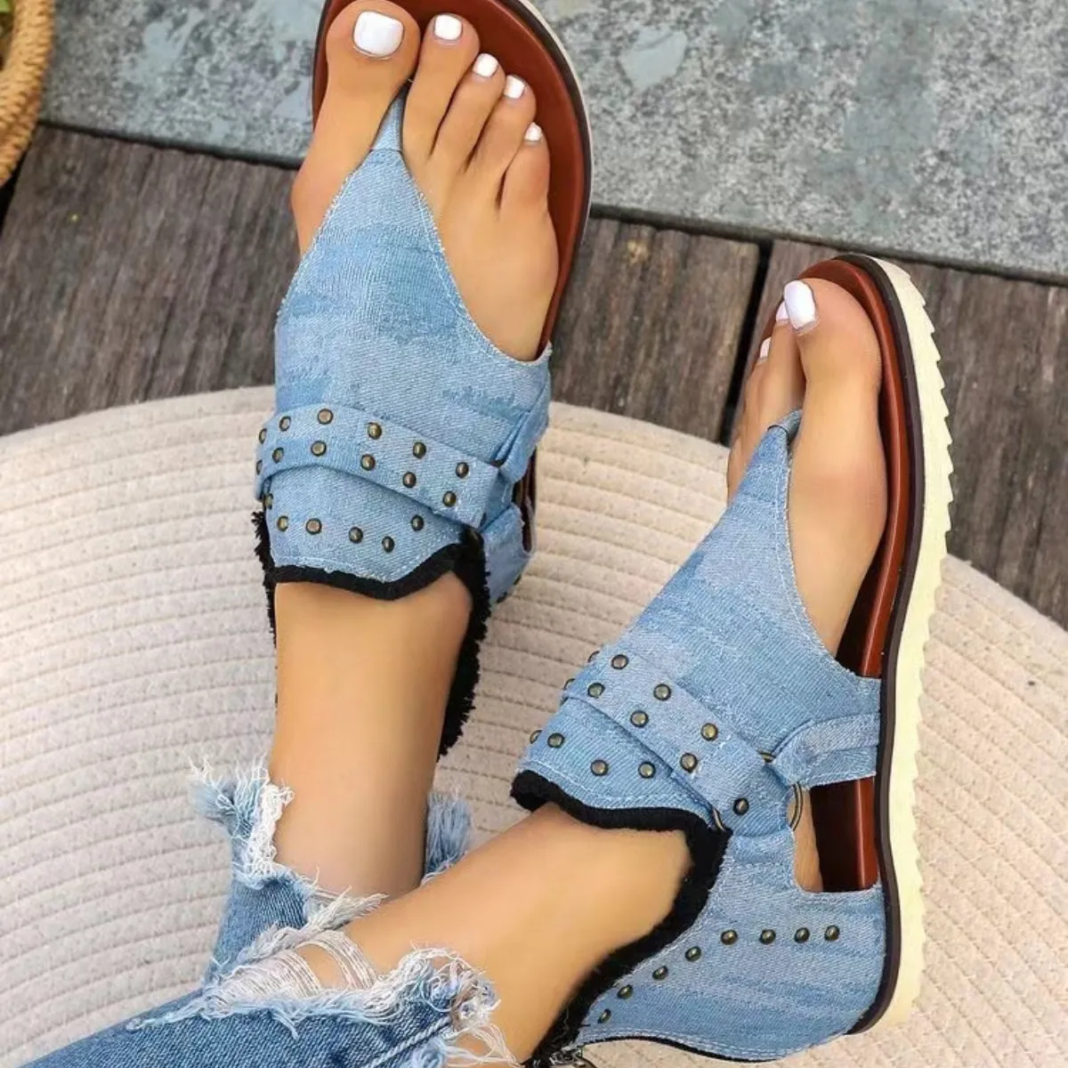 August Studded Raw Hem Flat Sandals