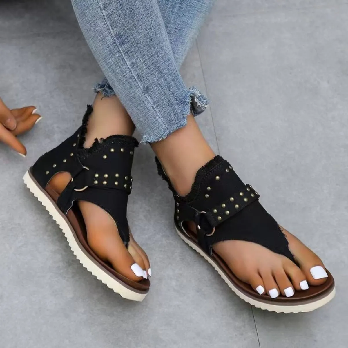 August Studded Raw Hem Flat Sandals