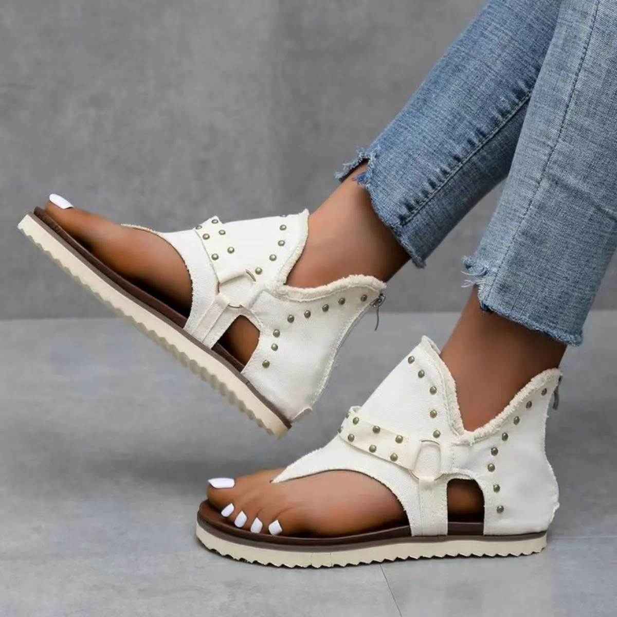 August Studded Raw Hem Flat Sandals