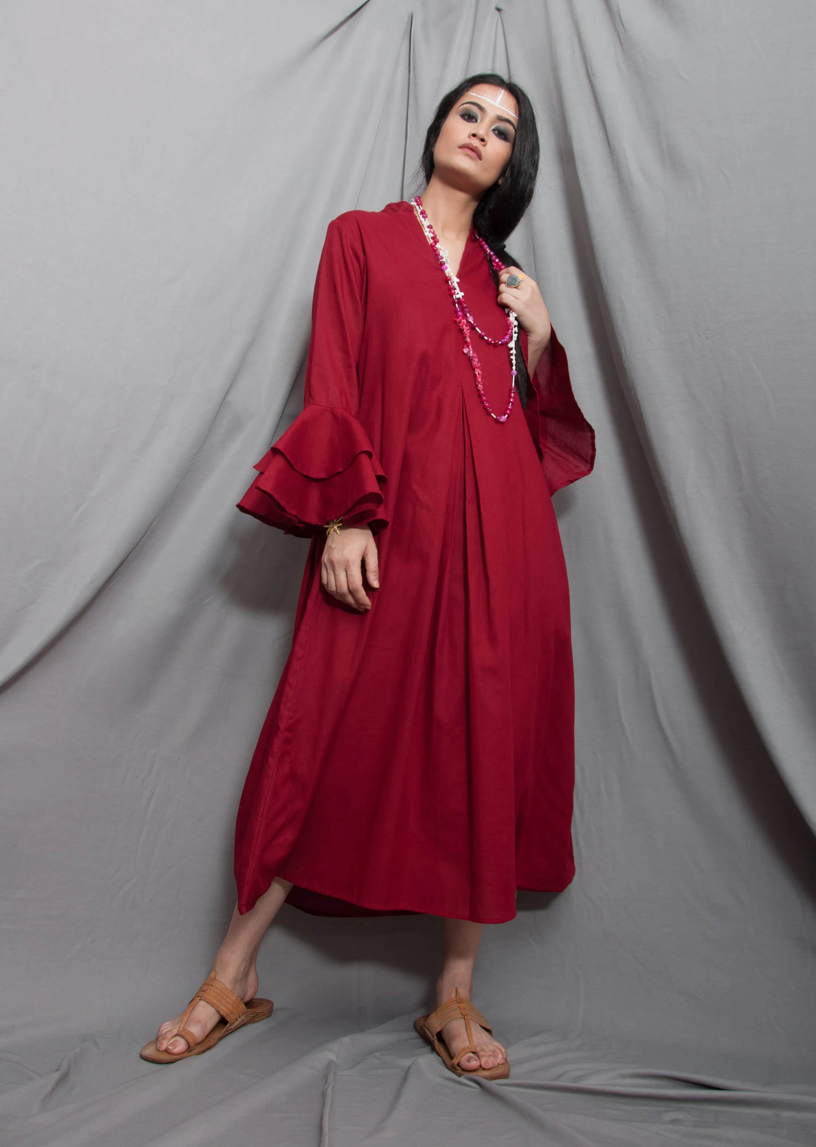 Baalance - Maroon Long Cowl Dress with Bell Sleeves