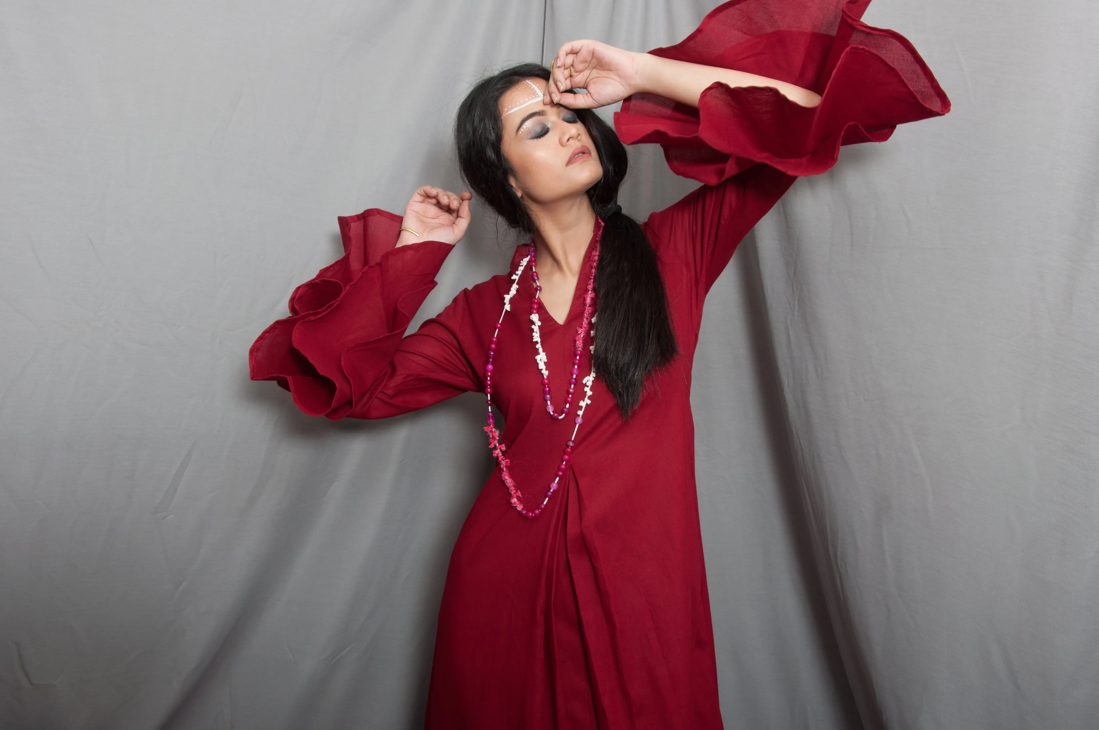 Baalance - Maroon Long Cowl Dress with Bell Sleeves