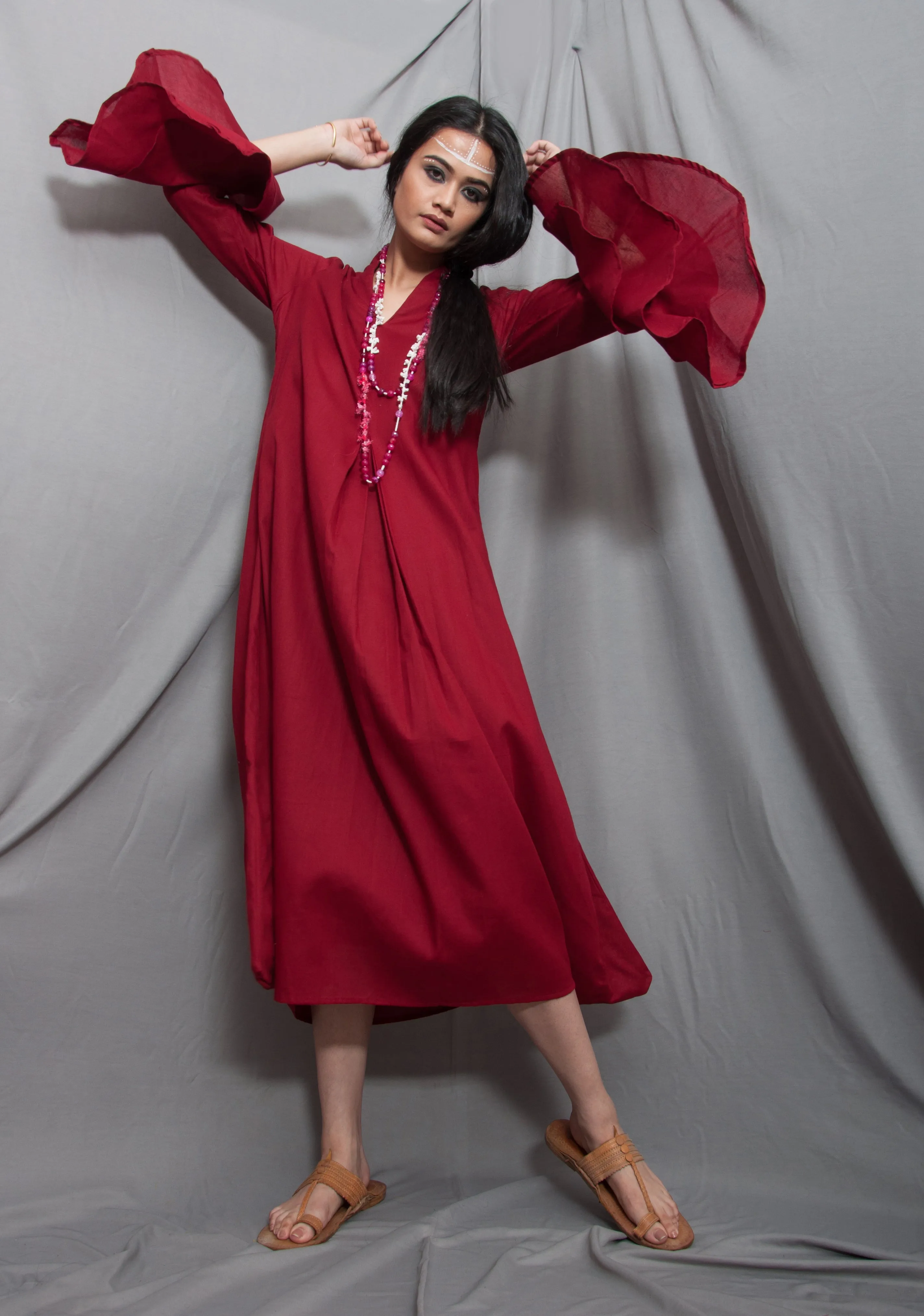 Baalance - Maroon Long Cowl Dress with Bell Sleeves