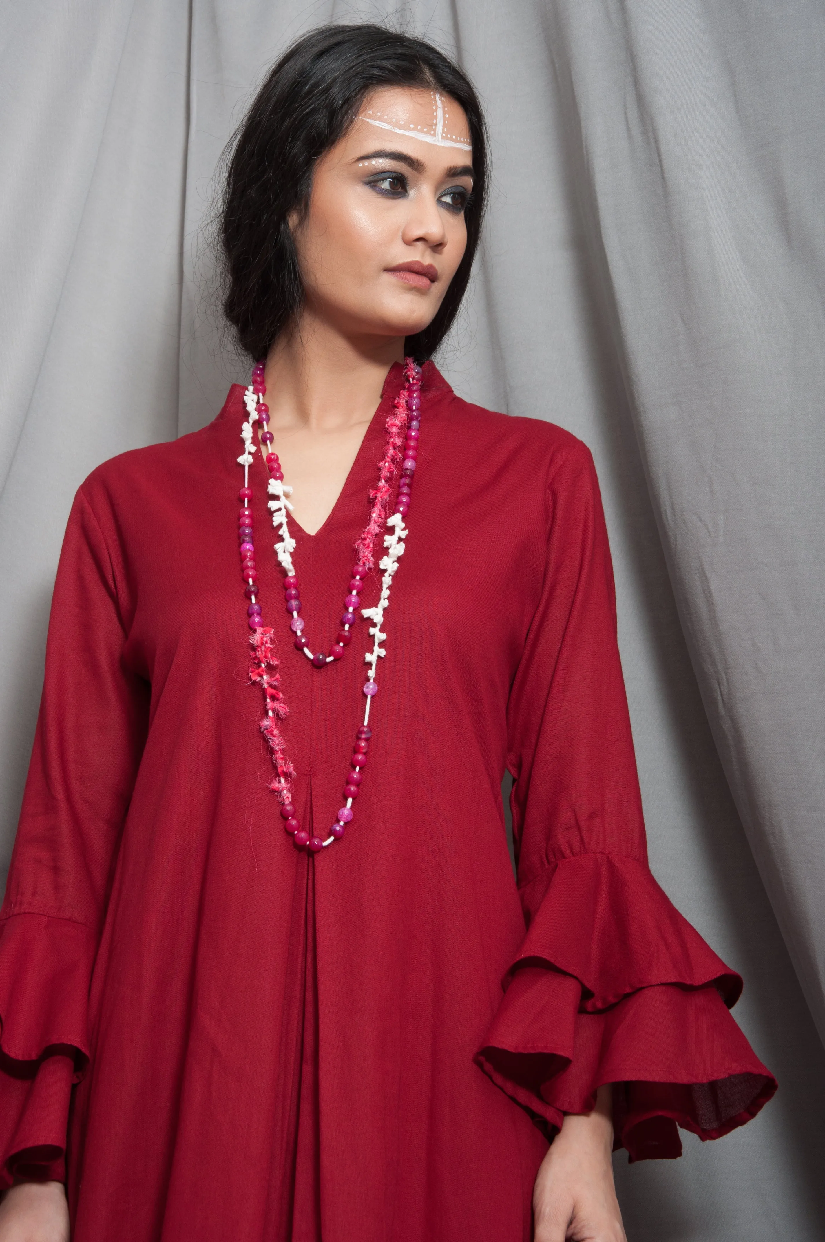 Baalance - Maroon Long Cowl Dress with Bell Sleeves