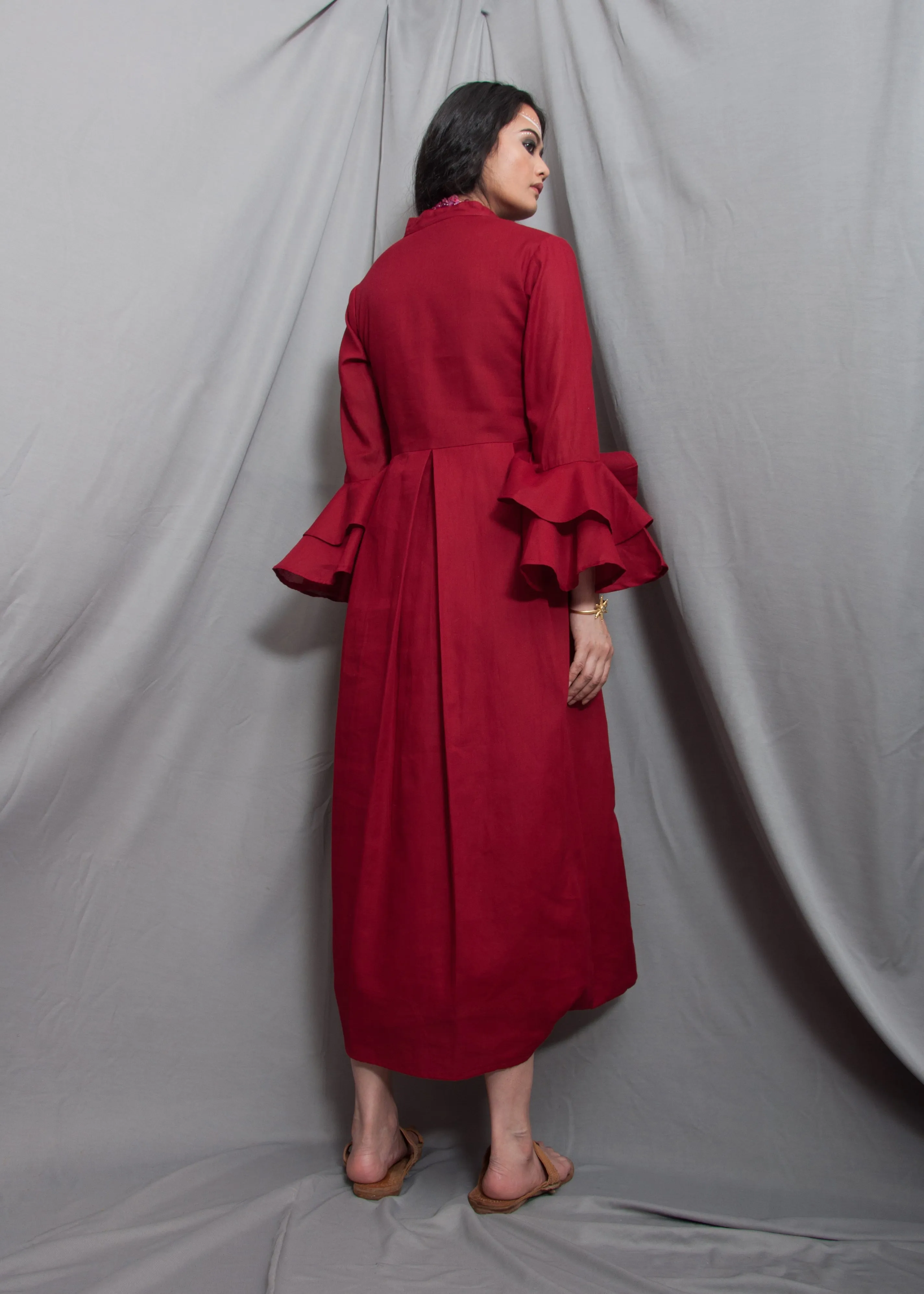Baalance - Maroon Long Cowl Dress with Bell Sleeves