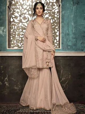 Baby Pink Copper Ethnic Embroidered Designer Gharara Suit
