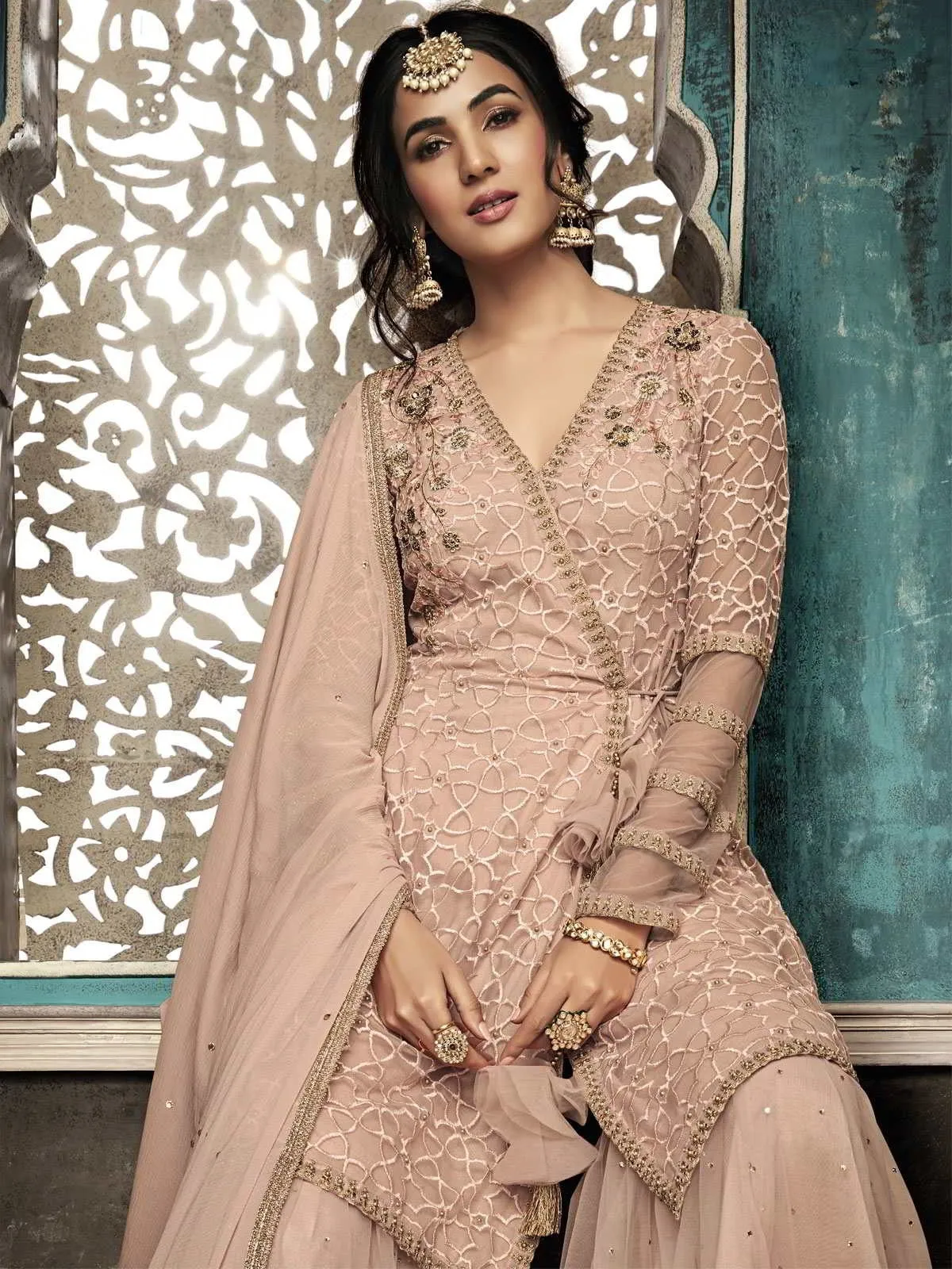 Baby Pink Copper Ethnic Embroidered Designer Gharara Suit