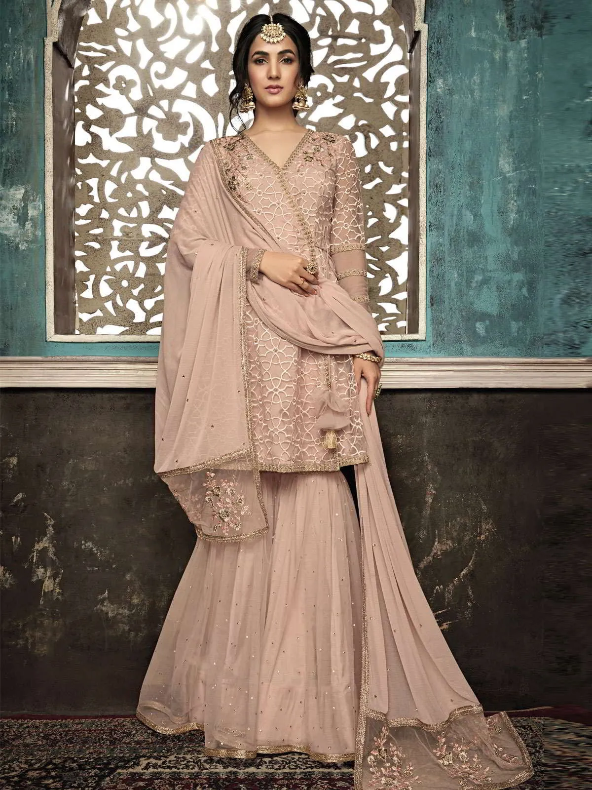 Baby Pink Copper Ethnic Embroidered Designer Gharara Suit