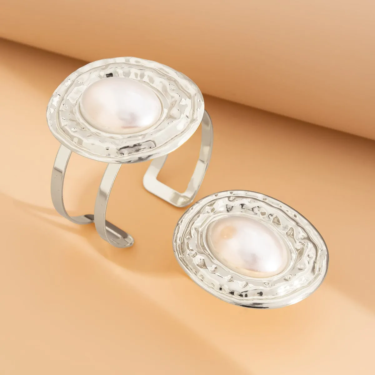 Baroque Chunky Pearl Inlaid Textured Oval Open Ring Bangle Bracelet Set
