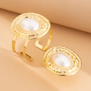 Baroque Chunky Pearl Inlaid Textured Oval Open Ring Bangle Bracelet Set