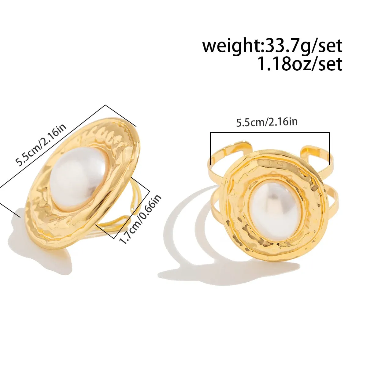Baroque Chunky Pearl Inlaid Textured Oval Open Ring Bangle Bracelet Set