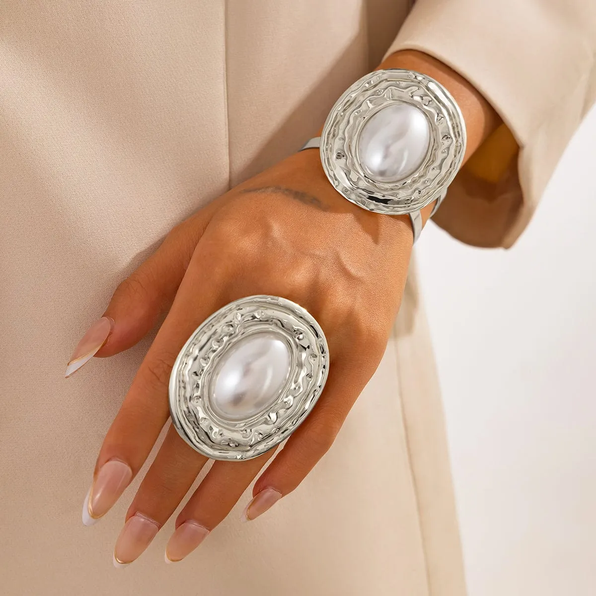 Baroque Chunky Pearl Inlaid Textured Oval Open Ring Bangle Bracelet Set
