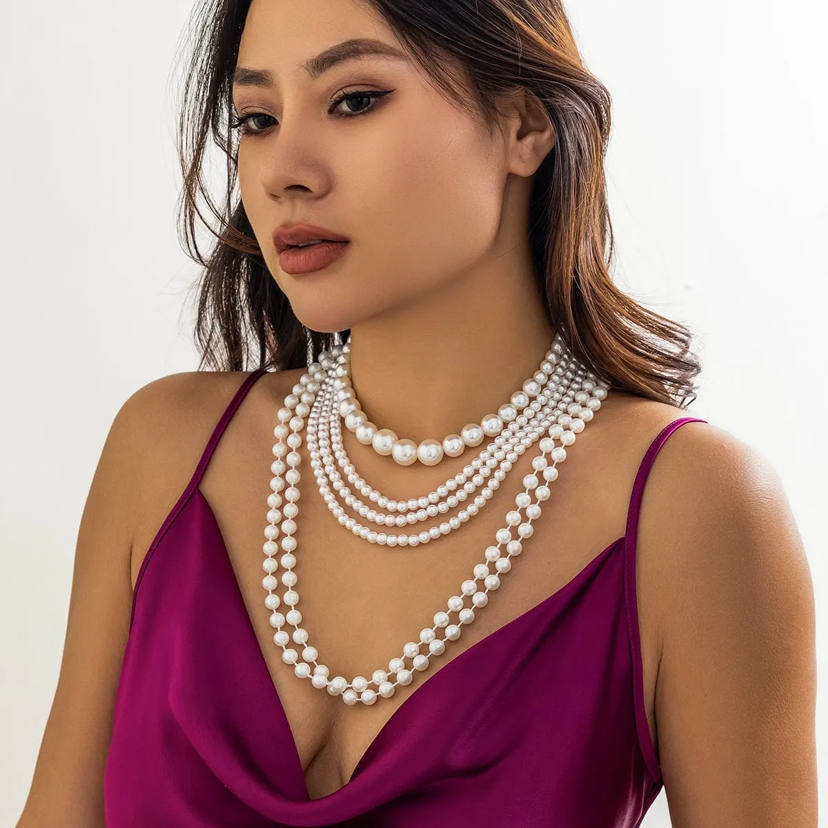 Baroque Layered Chunky Pearl Chain Choker Necklace Set