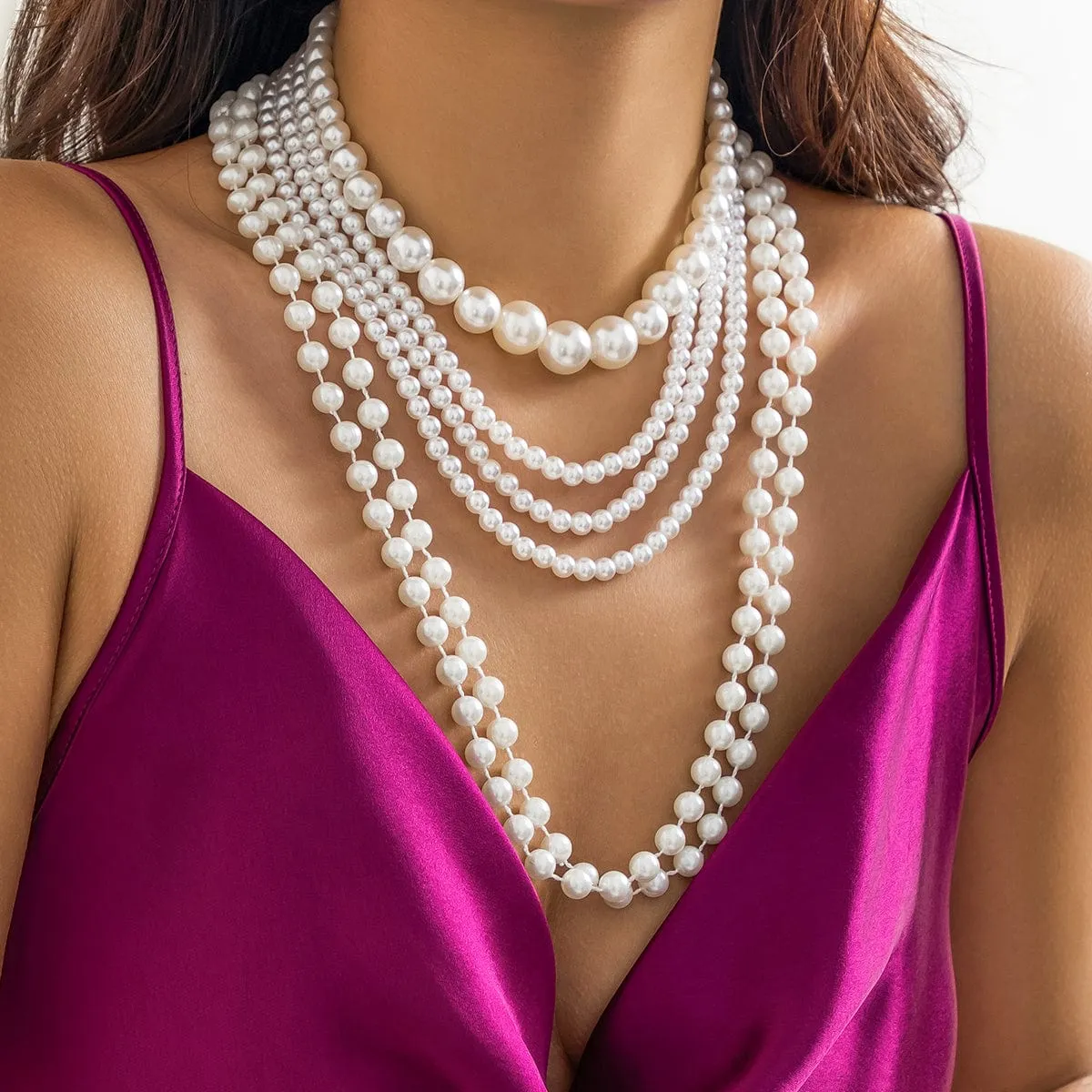 Baroque Layered Chunky Pearl Chain Choker Necklace Set
