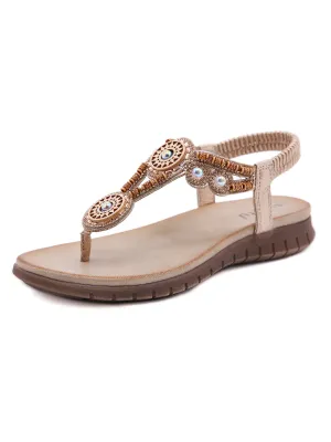 Beaded Boho Applique T-Strap Thong - Champagne