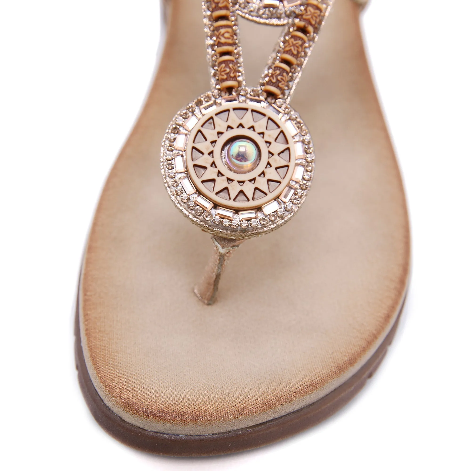 Beaded Boho Applique T-Strap Thong - Champagne