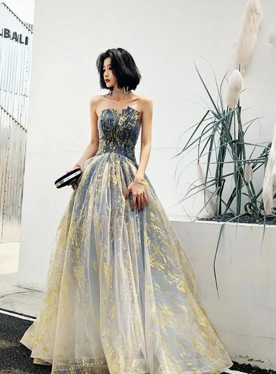 Beautiful Blue Gradient A-line Long Prom Dress Party Dress, Blue Evening Prarty Dresses