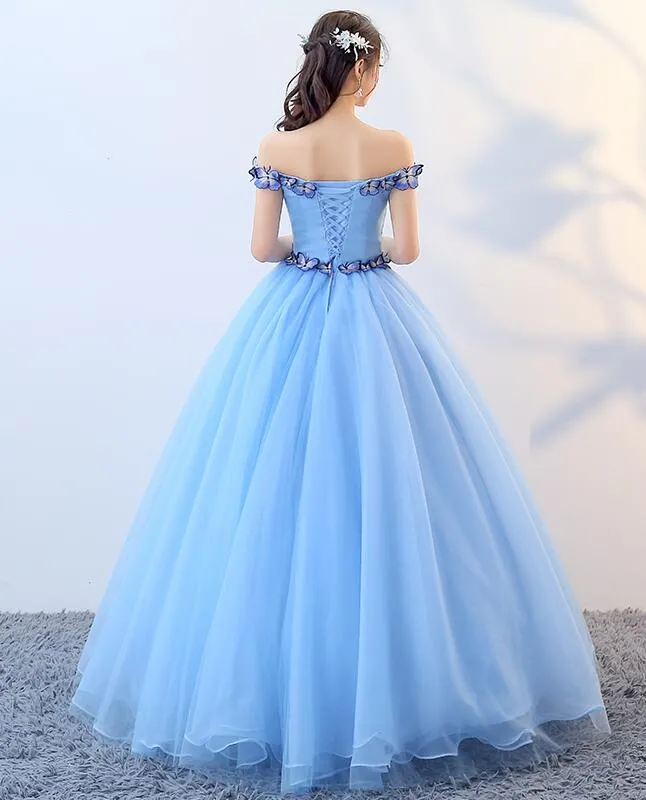Beautiful Blue Off Shoulder Long Party Dress, Sweet 16 Dresses