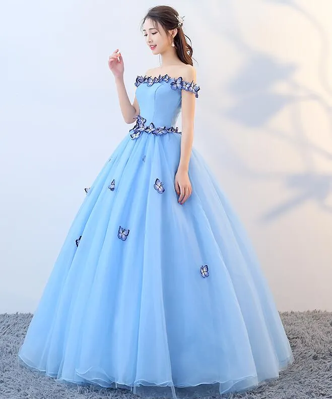 Beautiful Blue Off Shoulder Long Party Dress, Sweet 16 Dresses