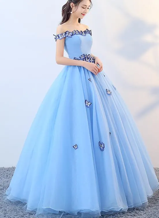 Beautiful Blue Off Shoulder Long Party Dress, Sweet 16 Dresses