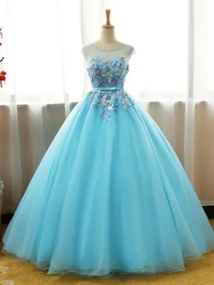 Beautiful Blue Round Long Party Dress,Ball Gown Lace Applique Sweet 16 Dress