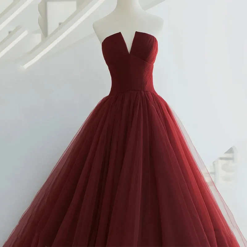 Beautiful Wine Red Tulle Long Floor Length Sweet 16 Dress, Dark Red Evening Gown