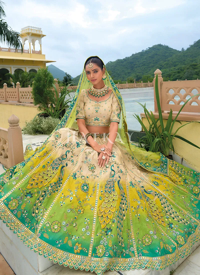 Beige And Lime Green Traditional Embroidery Bridal Lehenga Choli