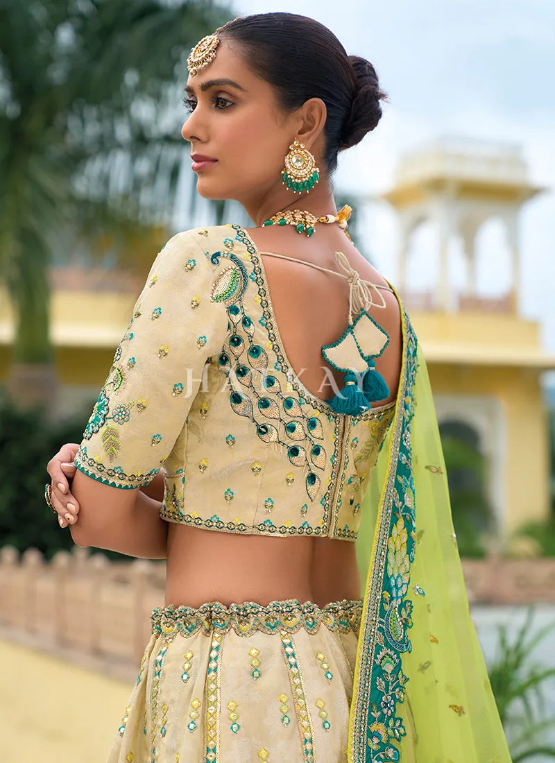 Beige And Lime Green Traditional Embroidery Bridal Lehenga Choli