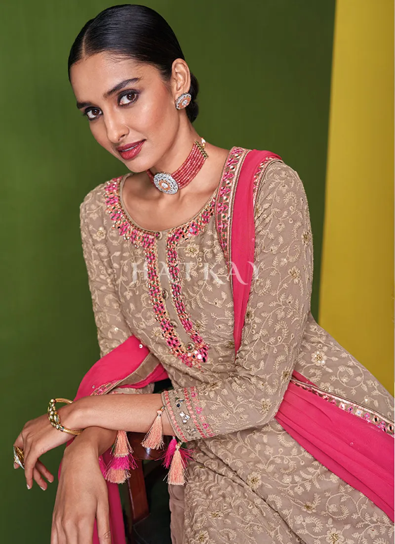 Beige And Peach Mirror Work Detailed Gharara Style Suit