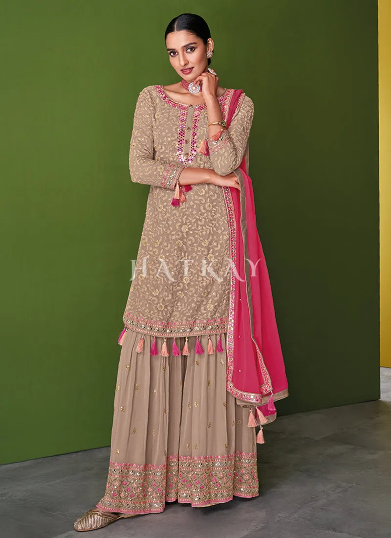Beige And Peach Mirror Work Detailed Gharara Style Suit