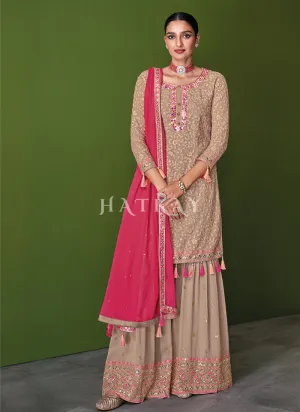 Beige And Peach Mirror Work Detailed Gharara Style Suit