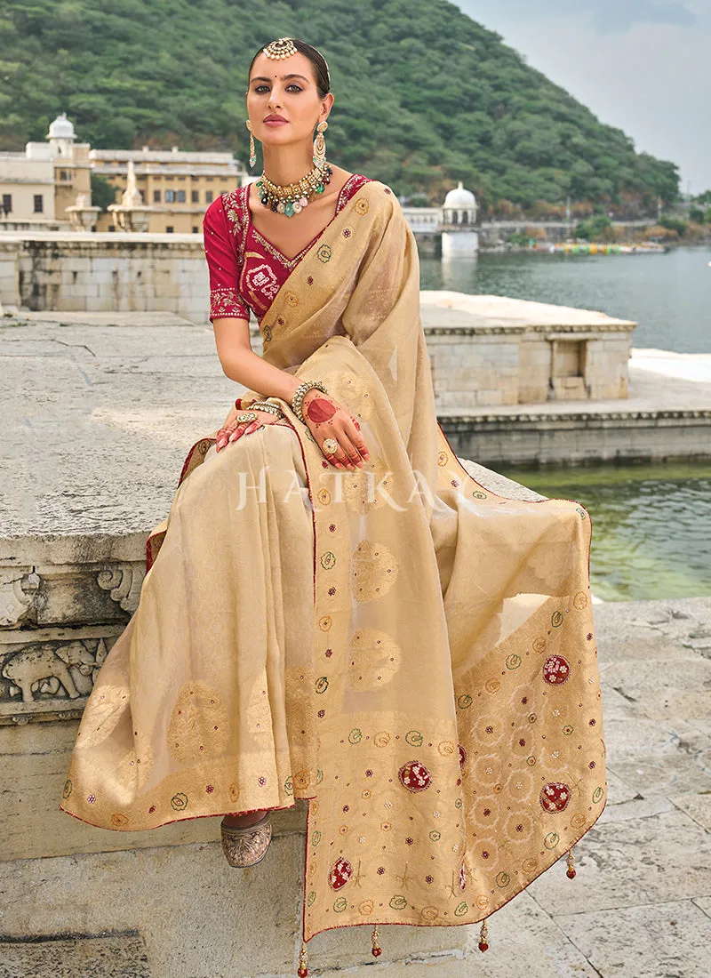Beige Multi Handwork Embroidery Wedding Saree