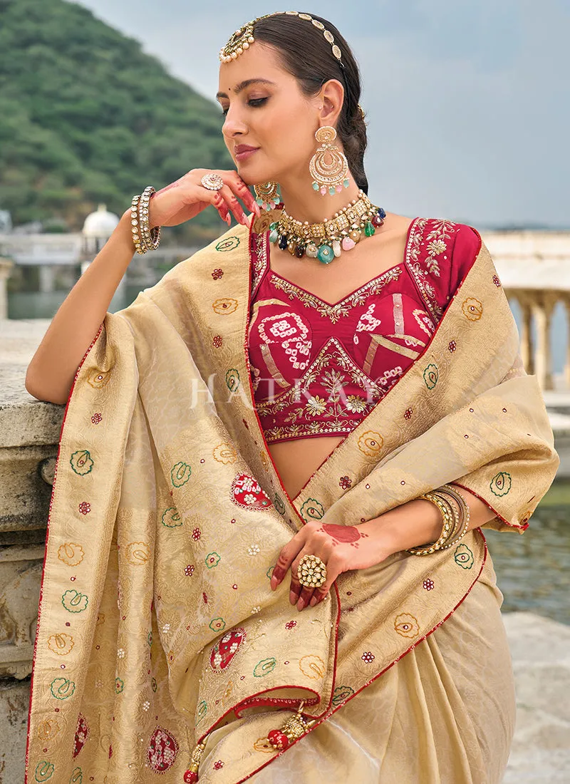 Beige Multi Handwork Embroidery Wedding Saree