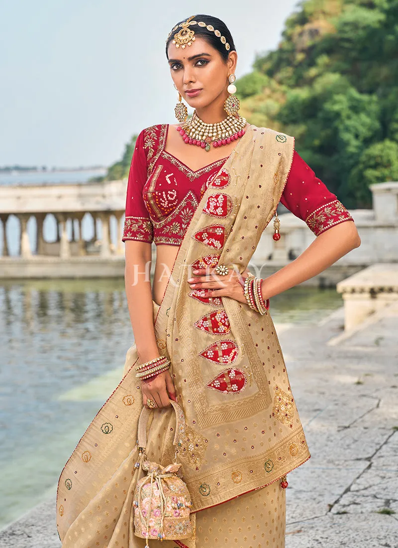 Beige Red Designer Handwork Embroidery Wedding Saree