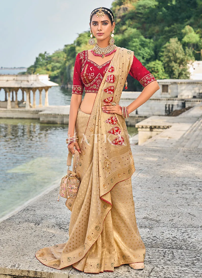 Beige Red Designer Handwork Embroidery Wedding Saree