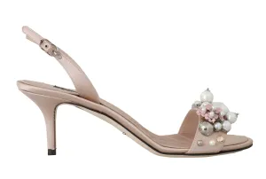 Beige Satin Lace Crystal Pearl Sandals