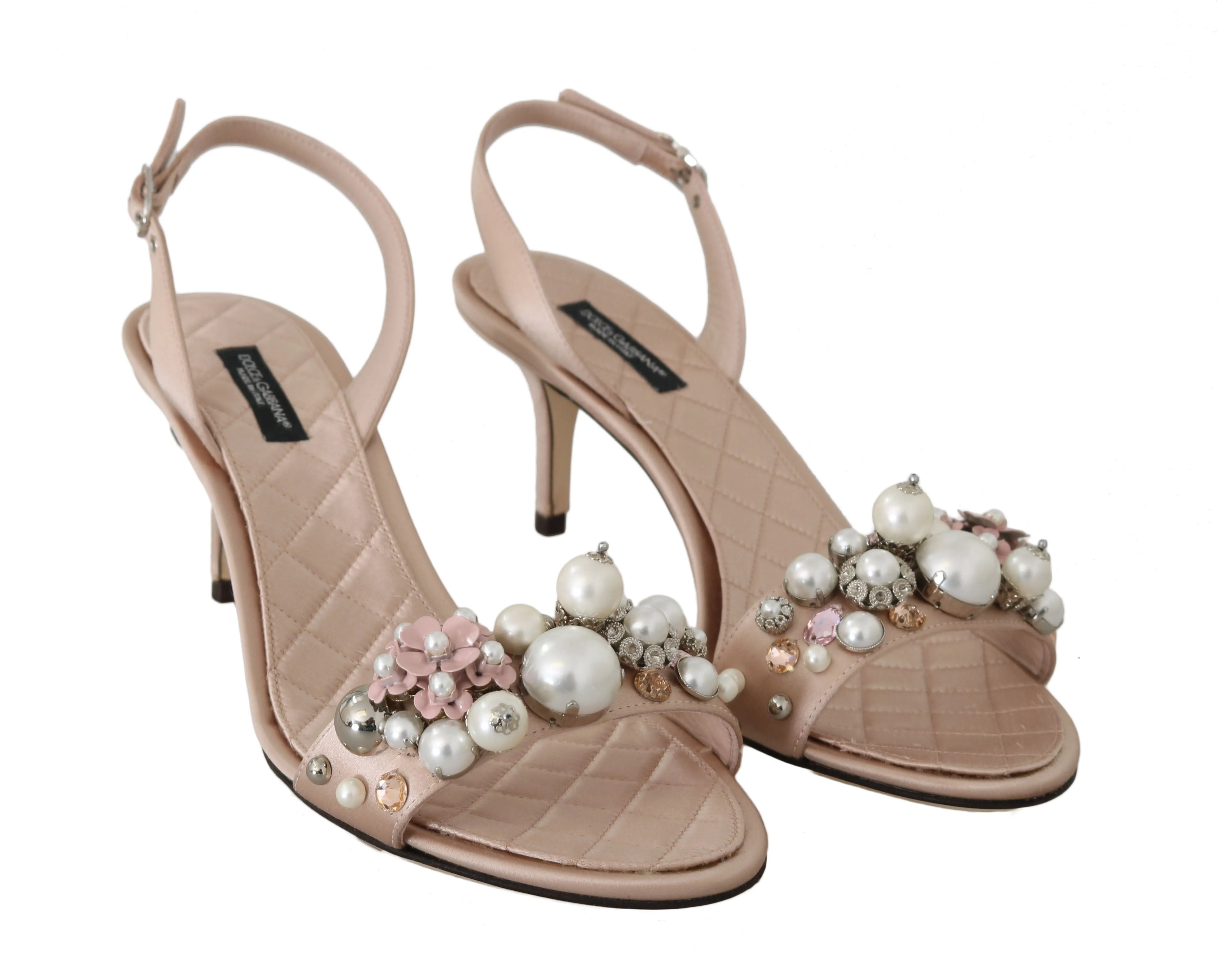 Beige Satin Lace Crystal Pearl Sandals