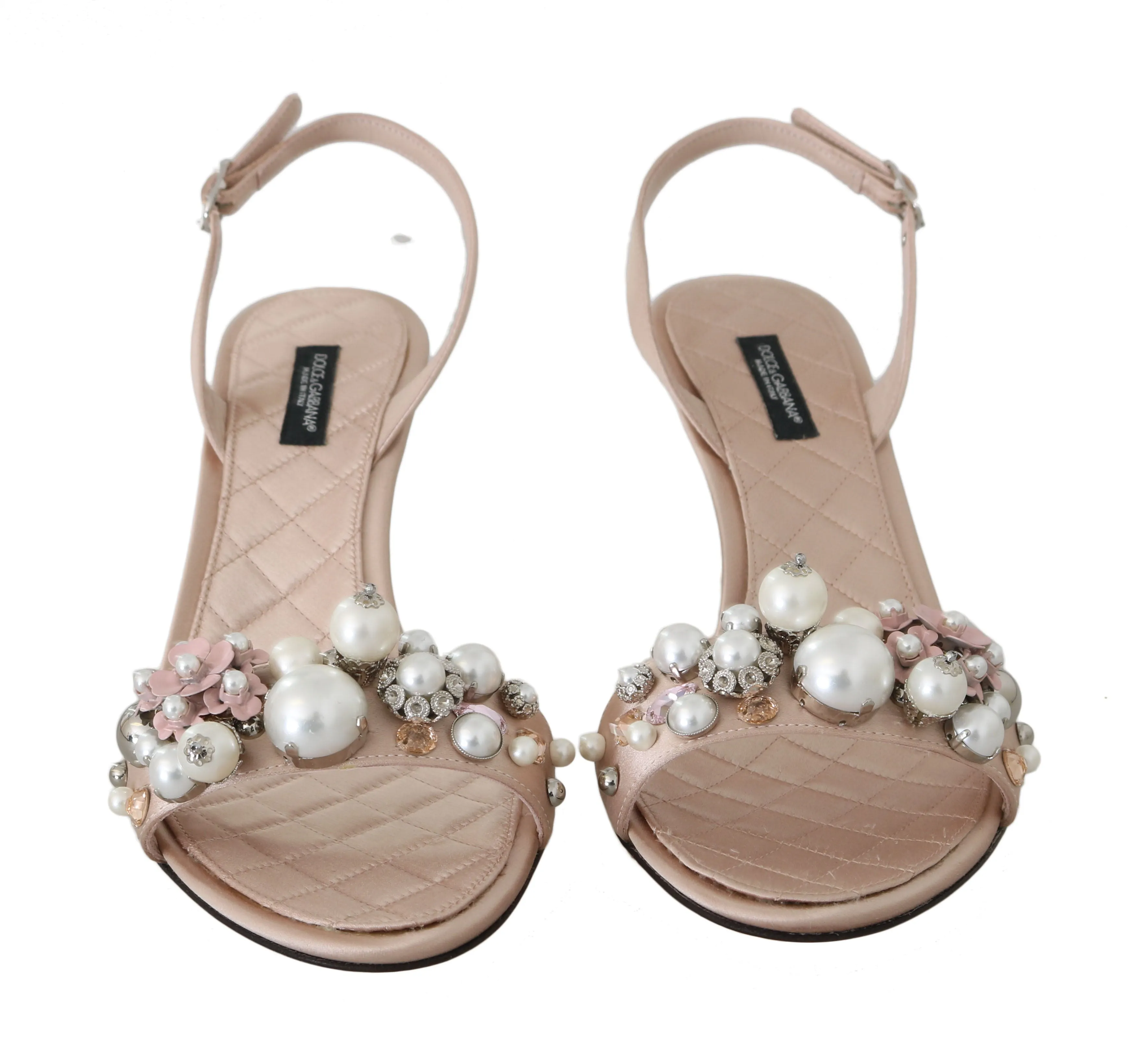Beige Satin Lace Crystal Pearl Sandals