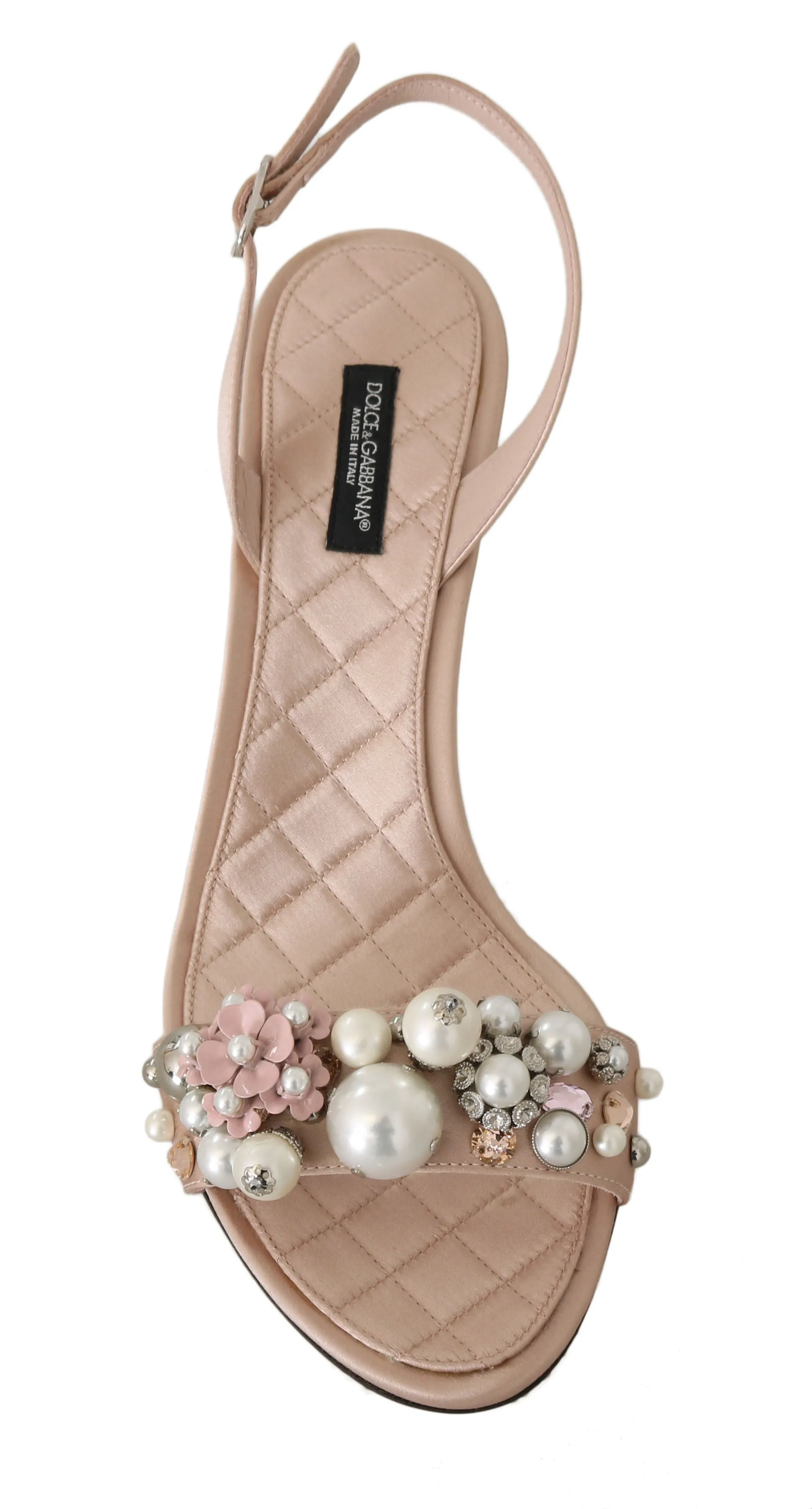 Beige Satin Lace Crystal Pearl Sandals