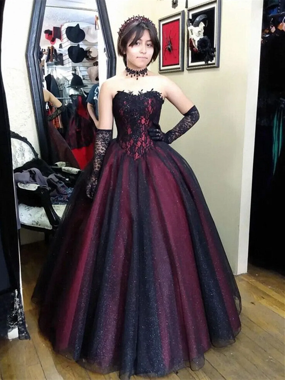 Black and Wine Red Strapless A Line Glitter Party Dress, Tulle Black and Red Prom Dress