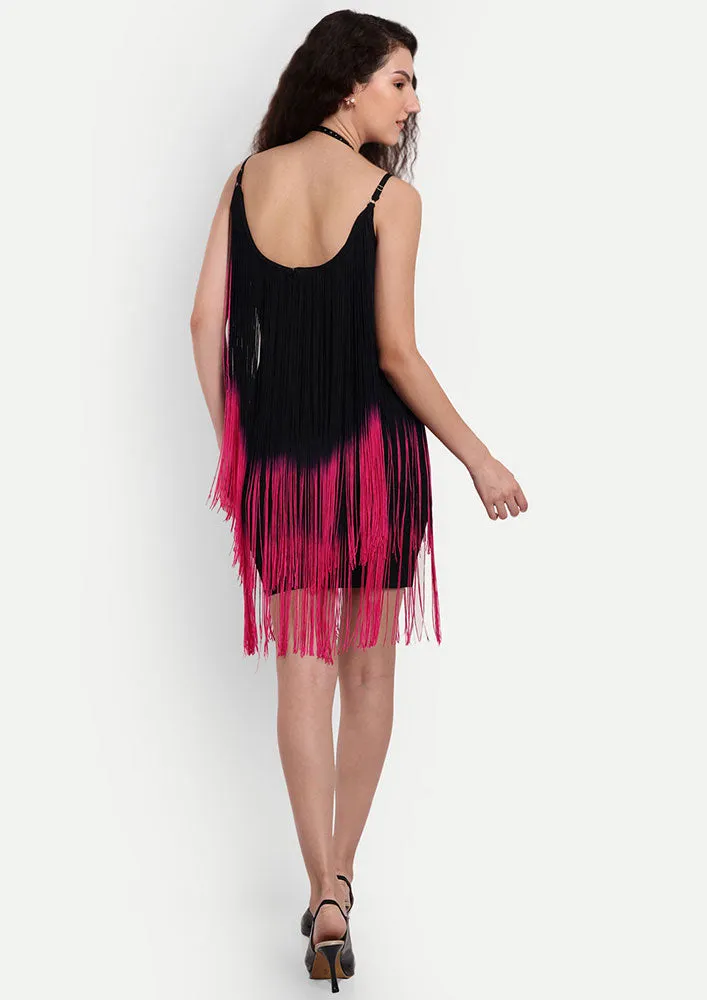 Black Bodycon Mini Dress with Fringe Detailing