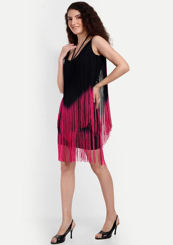 Black Bodycon Mini Dress with Fringe Detailing