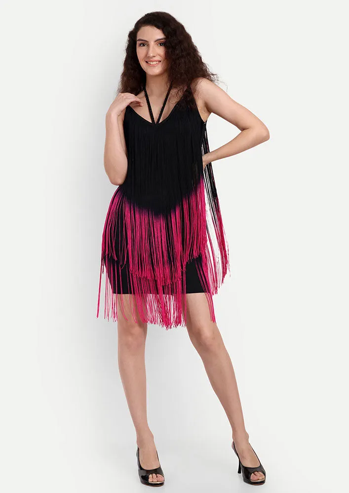Black Bodycon Mini Dress with Fringe Detailing