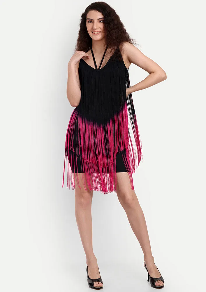Black Bodycon Mini Dress with Fringe Detailing