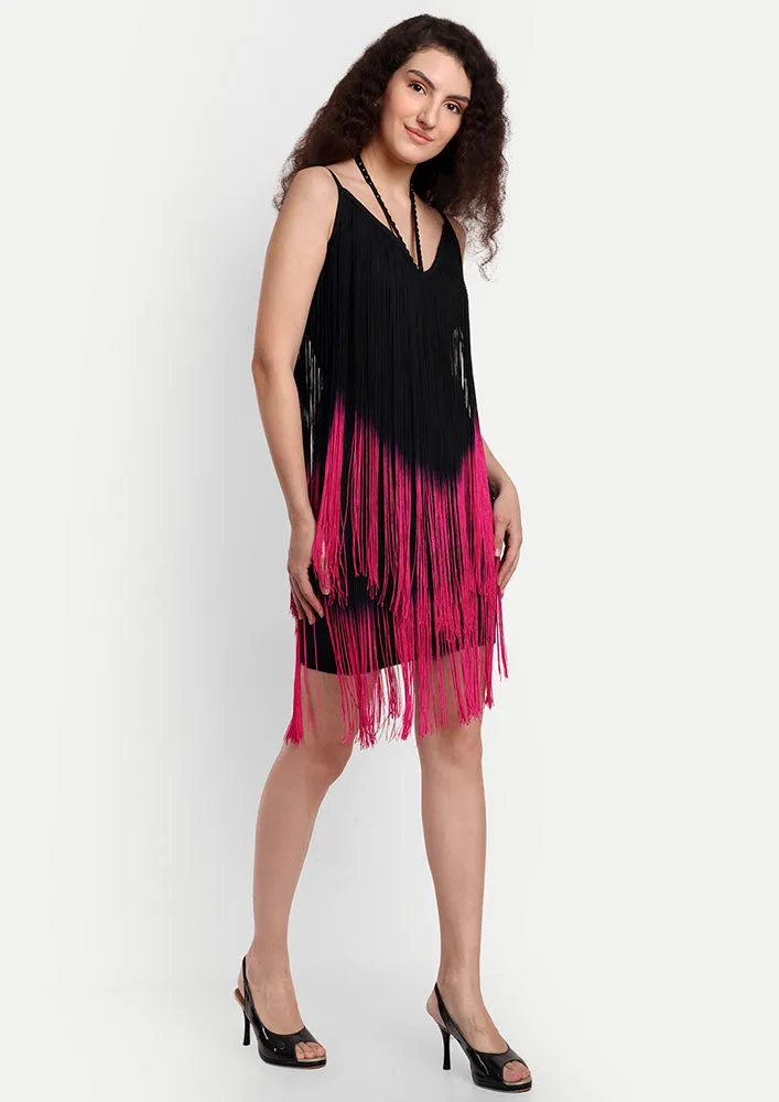 Black Bodycon Mini Dress with Fringe Detailing