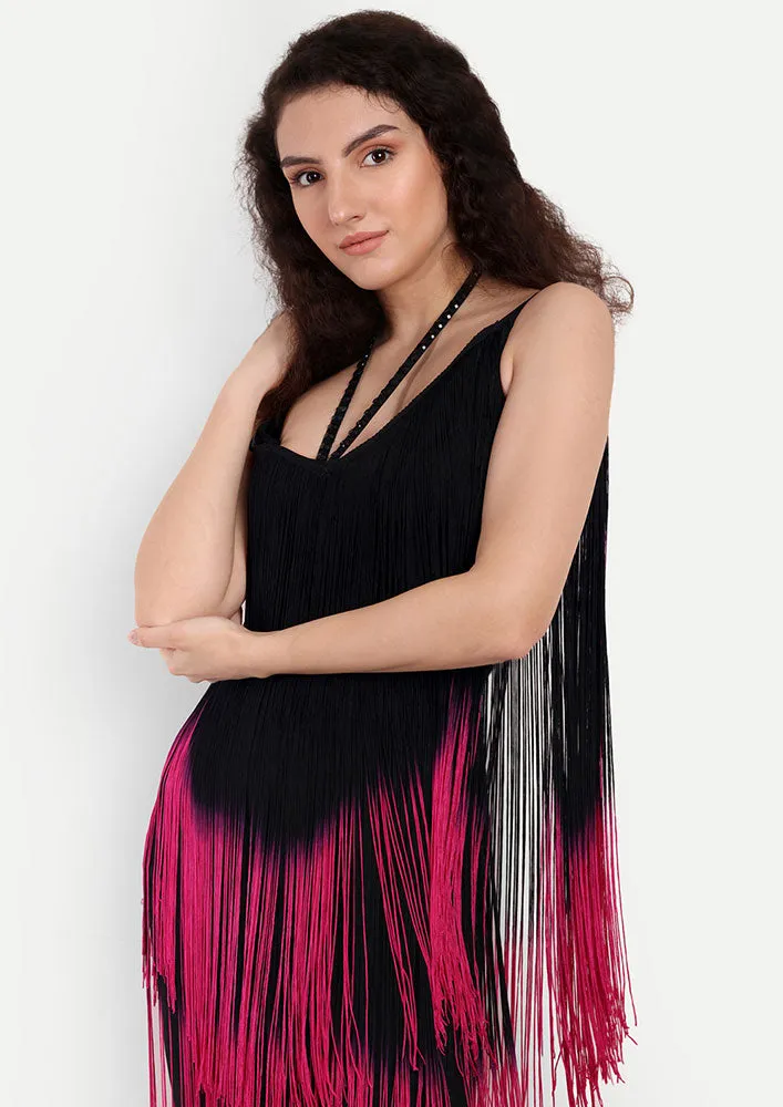 Black Bodycon Mini Dress with Fringe Detailing