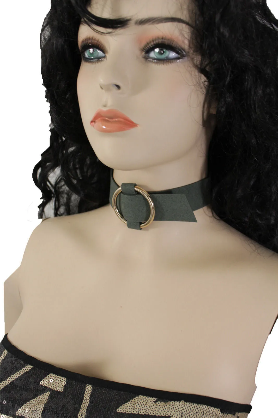 Black Brown Gray Green Red Faux Leather Gold Ring Choker Necklace Accessories