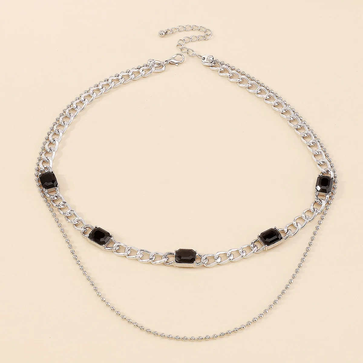Black Crystal & Silver-Plated Dual-Chain Station Layered Necklace