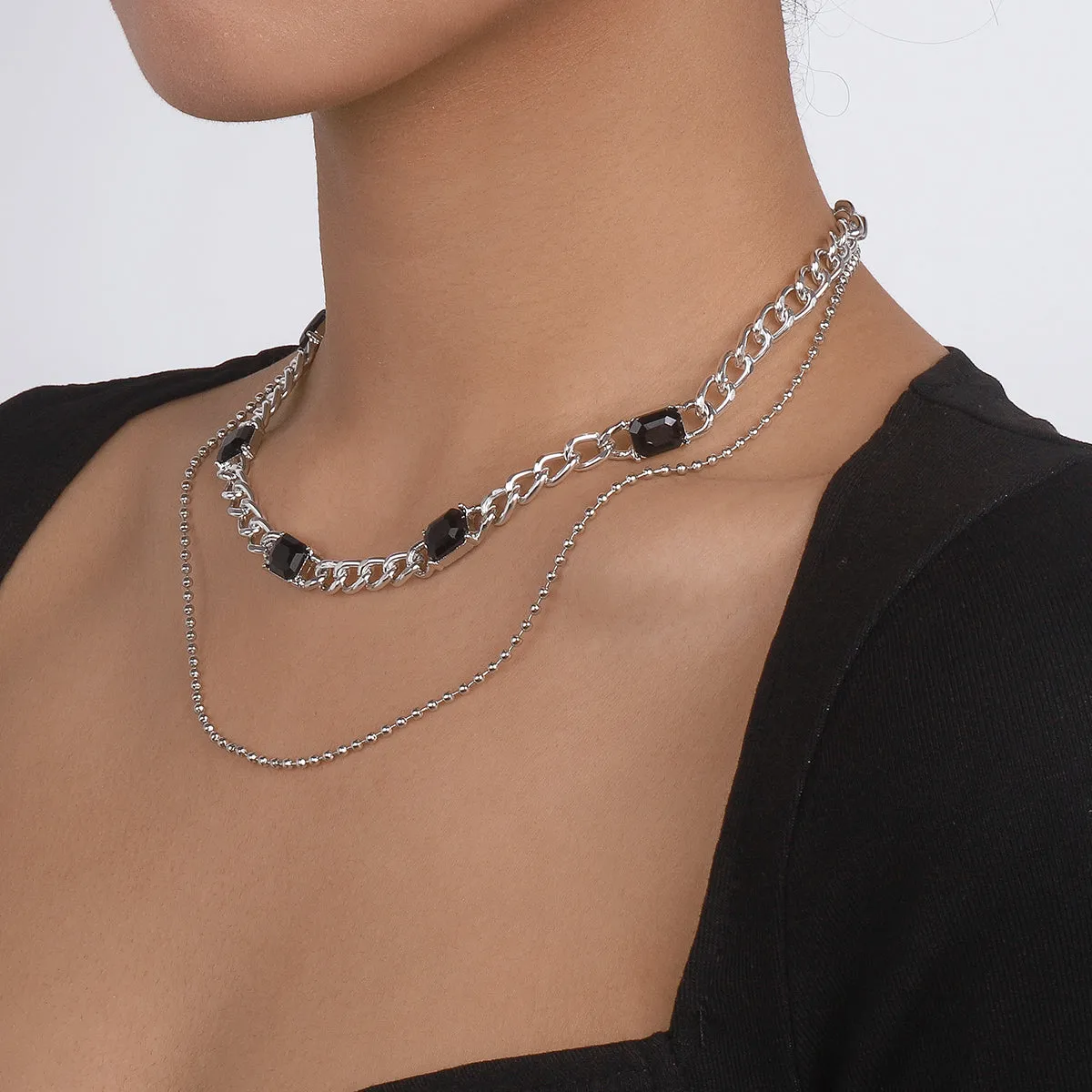 Black Crystal & Silver-Plated Dual-Chain Station Layered Necklace